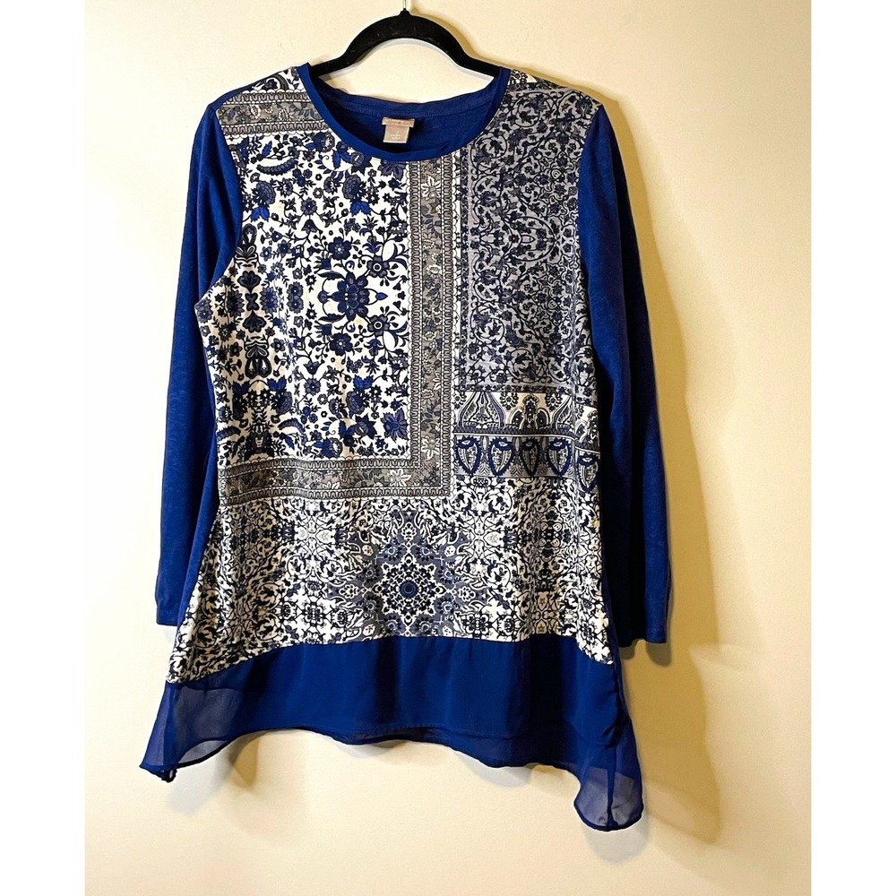 Chicos Tunic Top Womens 2 Blue White Mixed Print Long Sleeve Boho Lagenlook